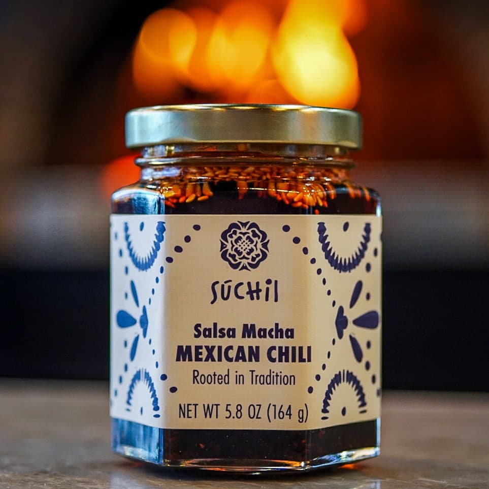Jar of Suchil Made Salsa Macha Mexican Chili.